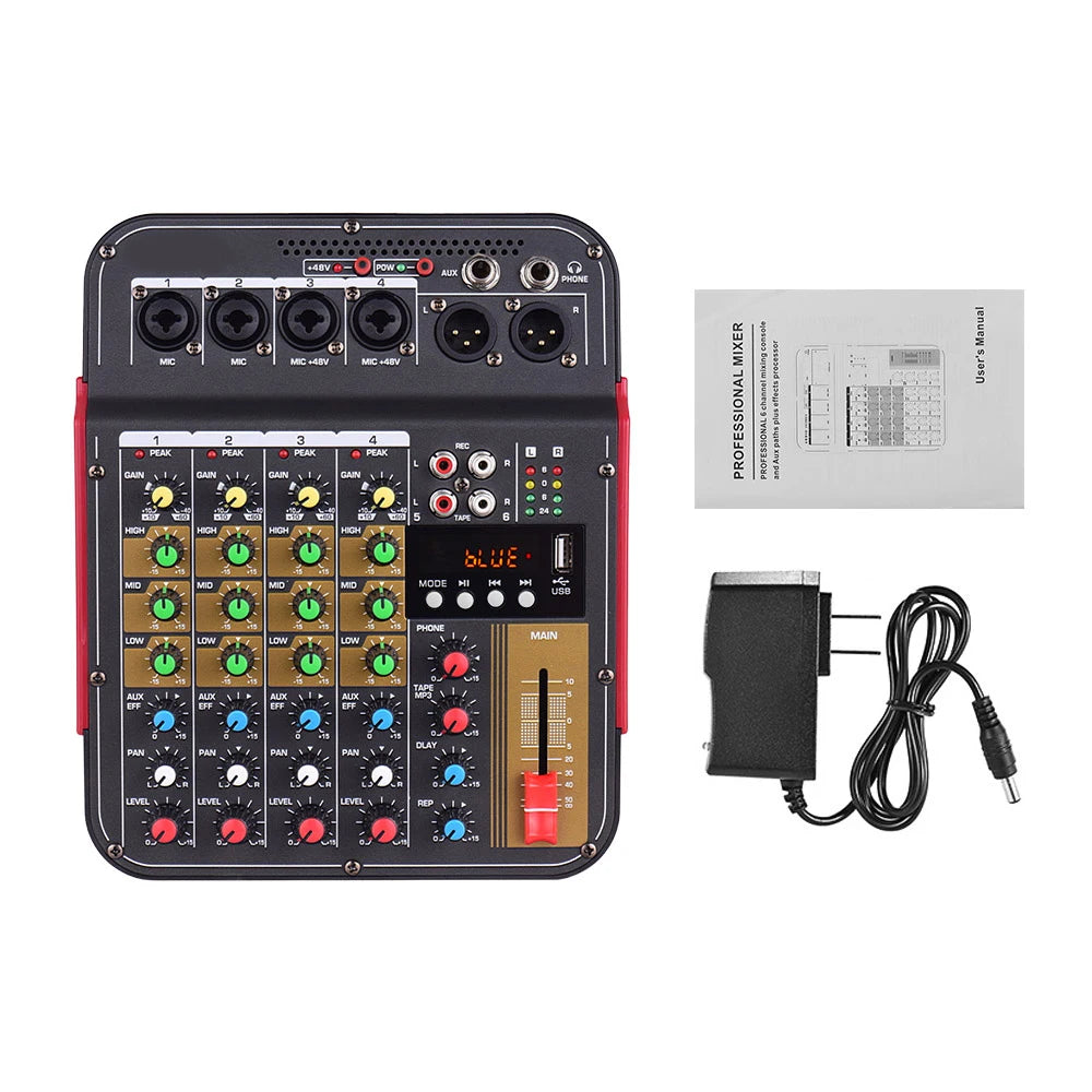 4-Channel USB Bluetooth Audio Mixer with Reverb & Sound Card