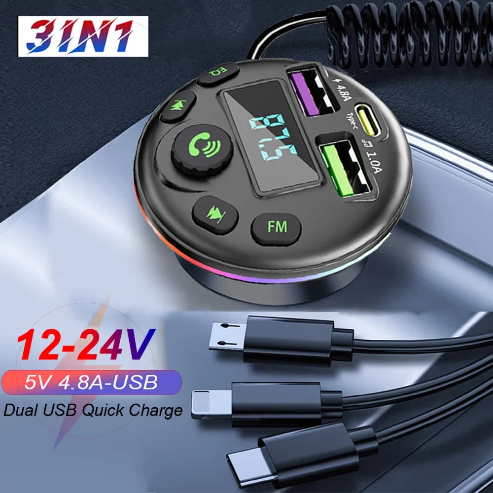 Car Bluetooth 5.0 FM Transmitter with 3-in-1 Charging Cable